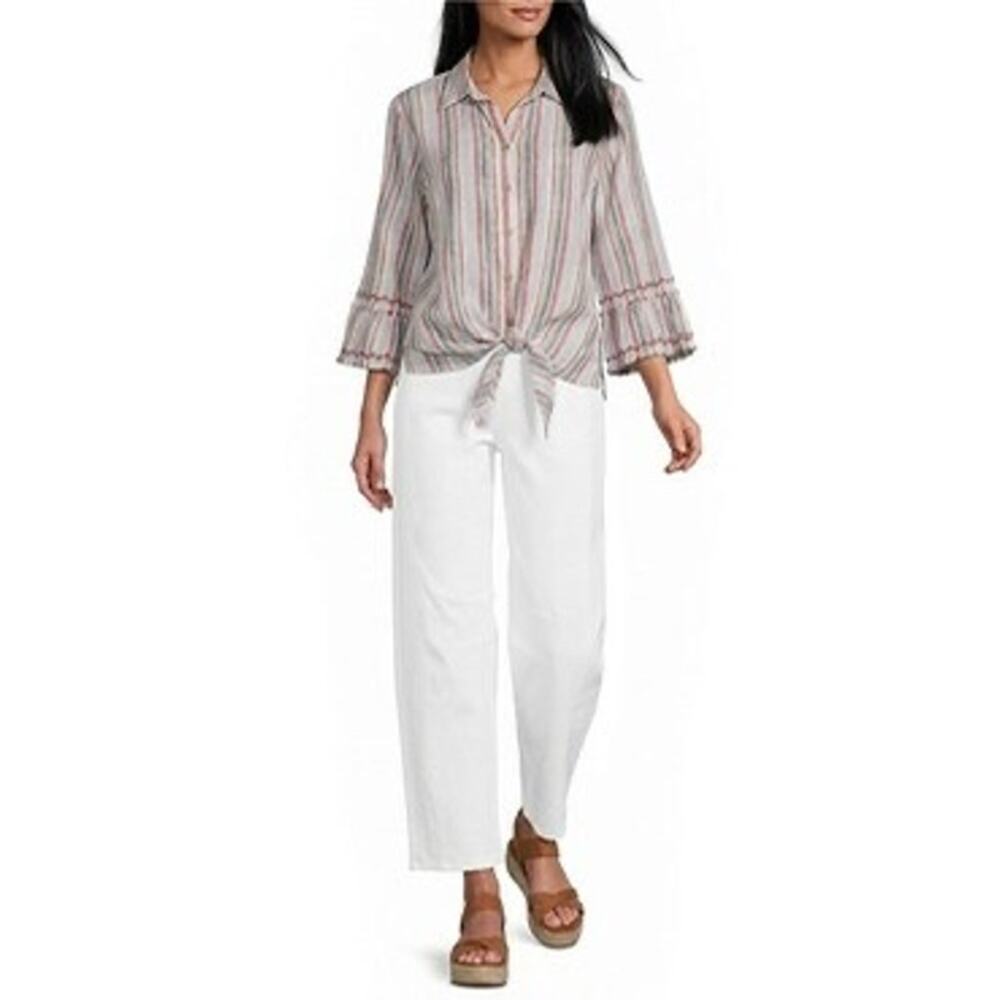 John Mark Woven Yarn Dye Stripe Point Collar 3/4 Sleeve Tie Front Shirt 1X - Picture 3 of 5